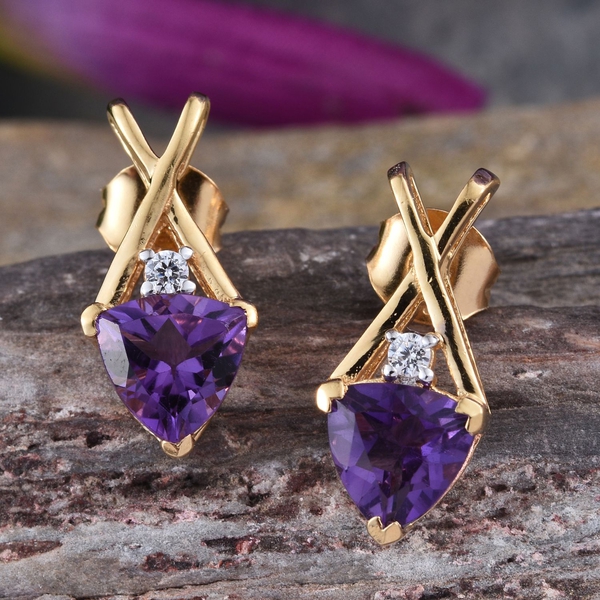 Amethyst (Trl), Simulated Diamond Earrings (with Push Back) in 14K Gold Overlay Sterling Silver 2.000 Ct.