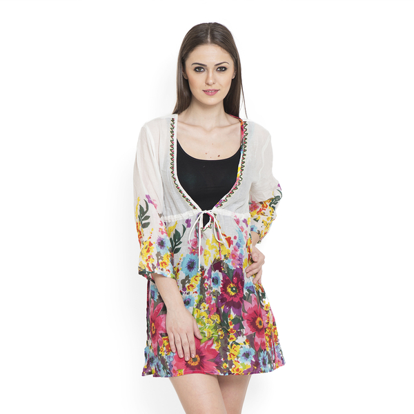 100% Cotton Fuchsia and Multi Colour Flowers Embroidered White Colour Beach Cover up and Poncho (Size 75x50 Cm)