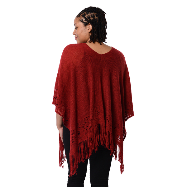 Spring Collection - Solid Red Colour Hollow Out Poncho with Tassel (Free Size; Length 60Cm)