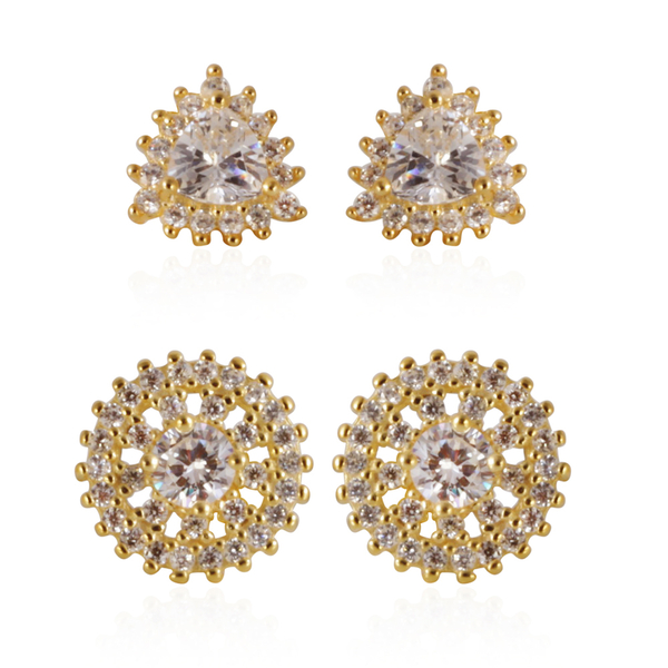 Set of 2 - ELANZA AAA Simulated Diamond (Trl) Stud Earrings (with Push Back) in 14K Gold Overlay Ste