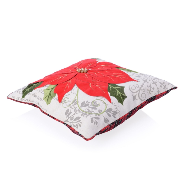 Red Flower and Green Leaves Embroidered Cushion Made with Cotton, Rayon, Linen and Other Fibre (Size 45x45 Cm)