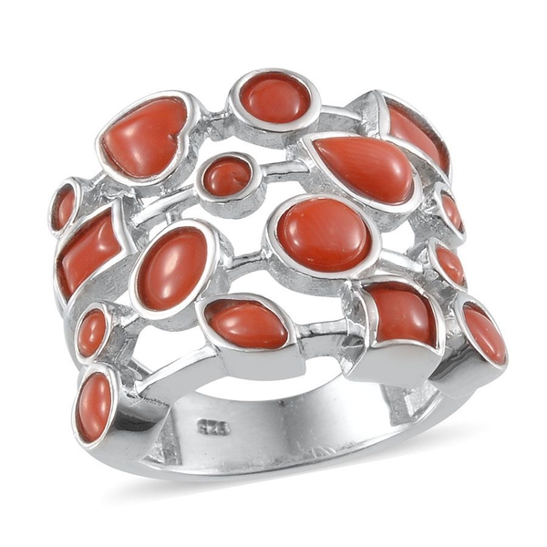 Natural Mediterranean Coral Ring in Platinum Overlay Sterling Silver 3.080 Ct.