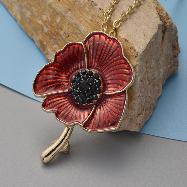 TJC Poppy Design - Black Austrian Crystal Enamelled Brooch and Pendant with Chain (Size 24) in Yellow Gold Tone