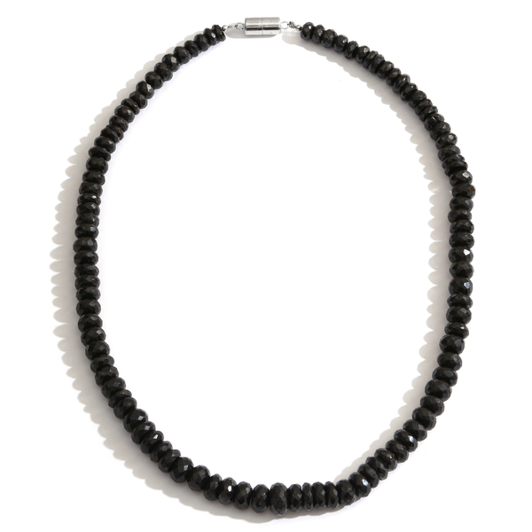 400 Ct Graduated Boi Ploi Black Spinel Beaded Necklace with Magnetic Clasp in Rhodium Plated Silver