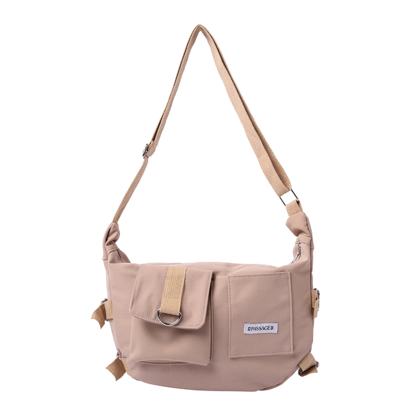 PASSAGE Beige Colour Crossbody Bag with Flap and Slip Pockets in Front and Zipper Pocket in Back (36x11x24cm)