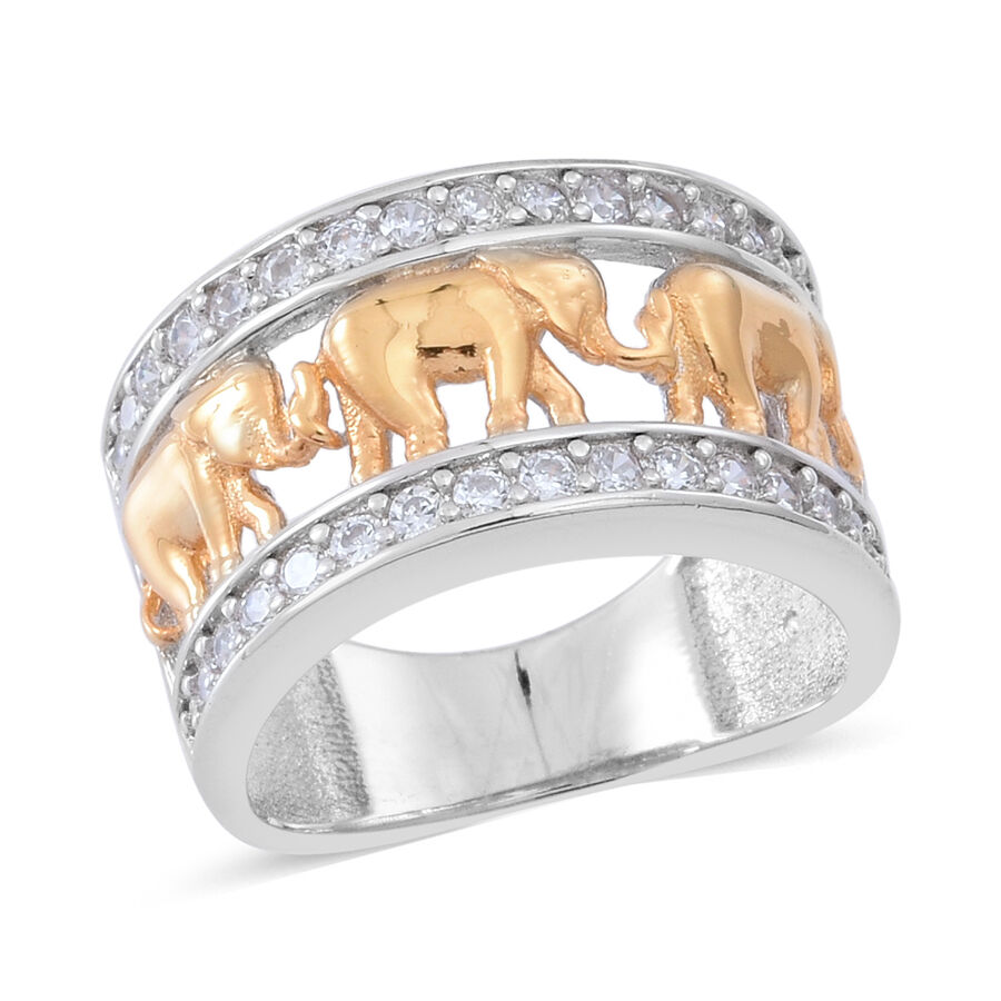 ELANZA AAA Simulated Diamond (Rnd) Royal Thai Elephant Band Ring in Platinum and Yellow Gold Overlay