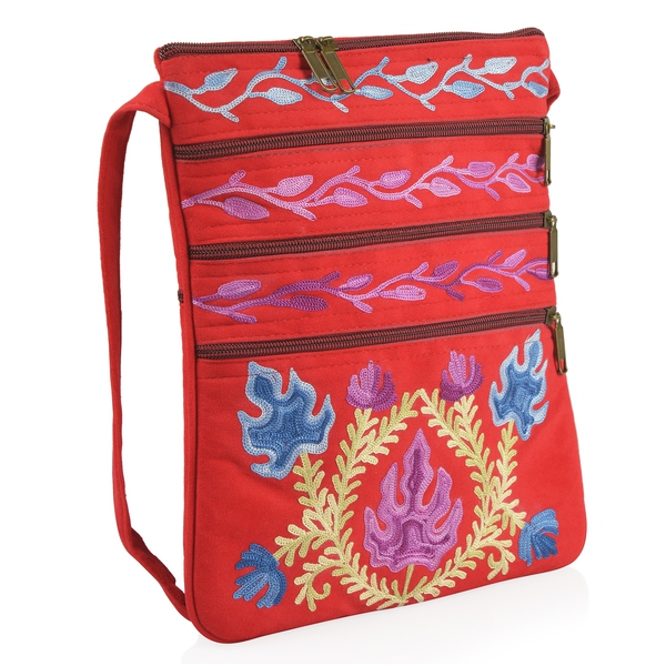 Red, Blue and Multi Colour Hand Embroidered Floral and Leaves Pattern Sling Bag with External Zipper Pocket (Size 26X22 Cm)