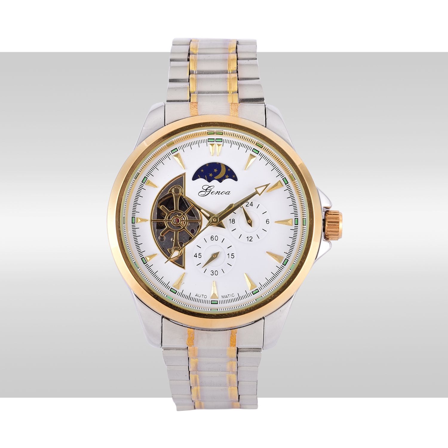 GENOA Automatic Skeleton White and Golden Dial Water Resistant Watch in Gold Tone with Stainless Steel Back and Chain Strap