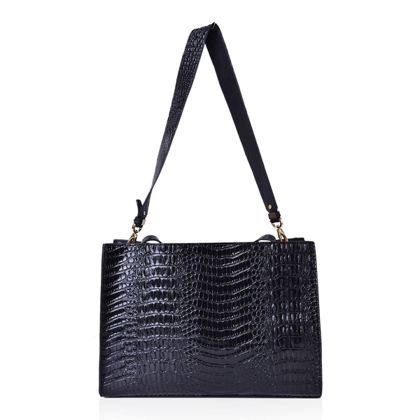 Designer Inspired-Black Colour Croc Embossed Tote Bag with Removable Shoulder Strap (Size 35.5X24.5X14 Cm)