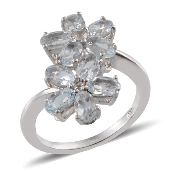 Espirito Santo Aquamarine (Ovl), White Topaz Twin Floral Ring in Platinum Overlay Sterling Silver 2.