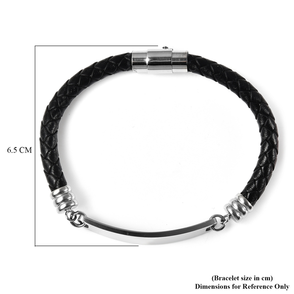 Personalised Engravable ID Bar Leather Bracelet in Silver Tone, 8 inch