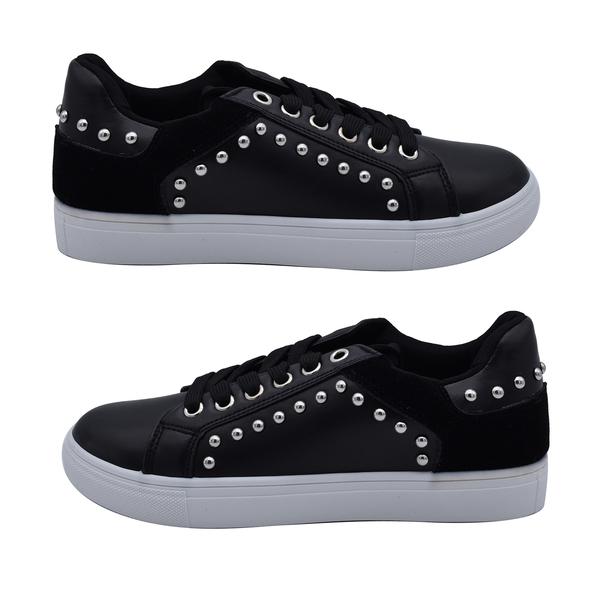 Faux Leather Studded Trainers in Black (Size 3)