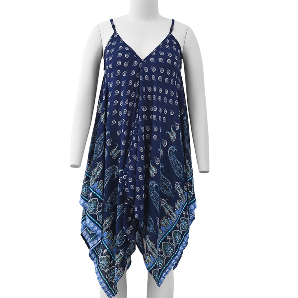 Navy Blue V-Neck Slip Dress with Cashew Flower and Water Droplet Pattern