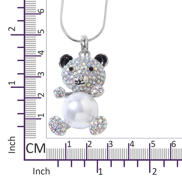 Simulated Pearl (Rnd), Magic Colour Austrian Crystal and Black Austrian Crystal Teddy Bear Pendant with Chain (Size 29 and 2.5 inch Extender) in Silver Tone