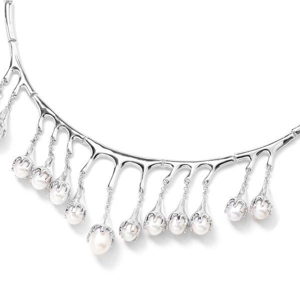 LucyQ Freshwater White Pearl (Pear) Drip Necklace (Size 16 and 4 inch Extender) in Rhodium Overlay S
