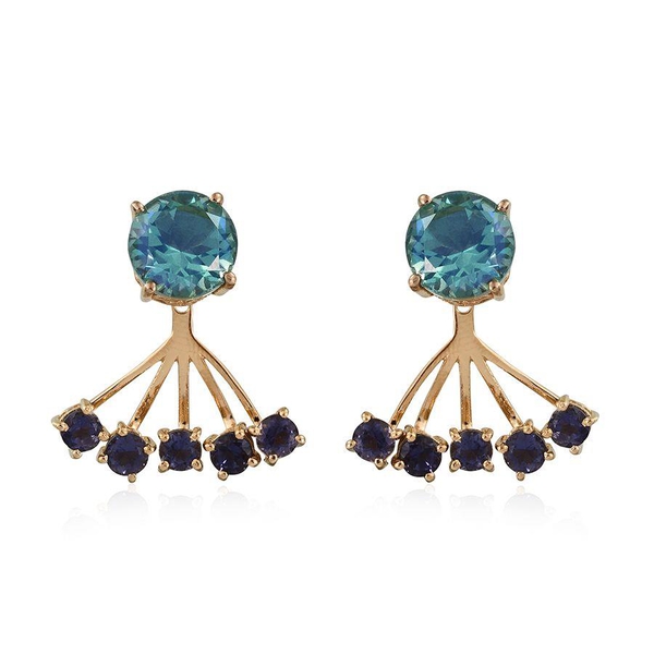 Peacock Quartz (Rnd), Iolite Jacket Earrings (with Push Back) in 14K Gold Overlay Sterling Silver 9.