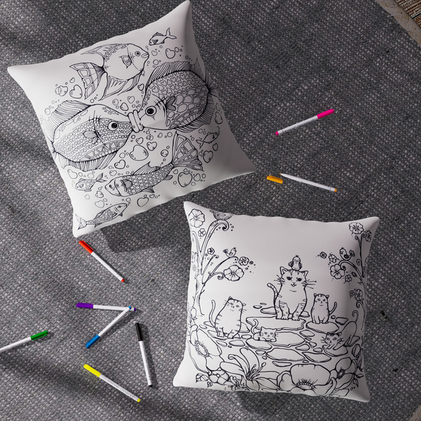 Set of 2 - DIY Grafitti Colouring Pillow Cover with 8 Water Colour Pens (Size 44 Cm)