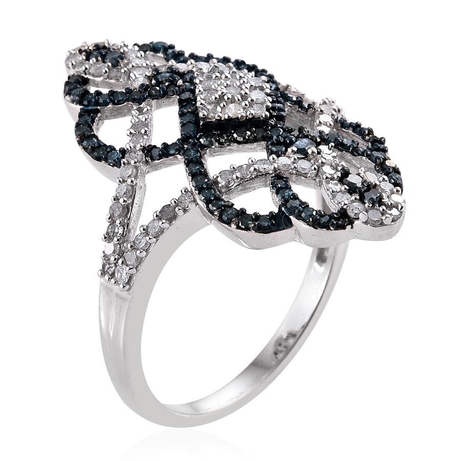 Blue Diamond (Rnd), White Diamond Ring in Platinum Overlay Sterling Silver 1.000 Ct.