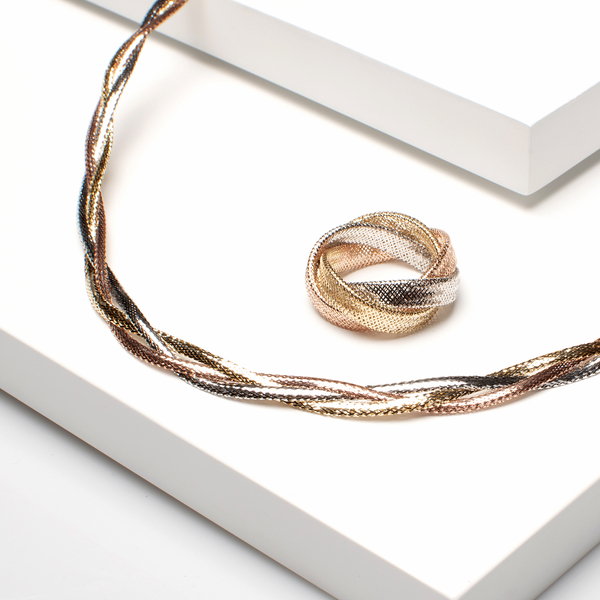 Italian Made-9K Yellow, White & Rose Gold Braided Omega Necklace (Size 18)