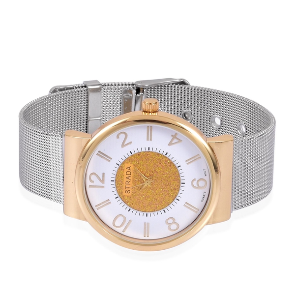 STRADA Japanese Movement Golden Stardust and White Dial Water Resistant Watch in Gold Tone with Stainless Steel Back and Chain Strap