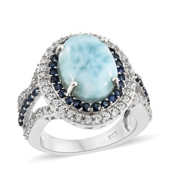 7.5 Ct Larimar and Multi Gemstone Halo Ring in Platinum Plated Silver 6.47 Grams