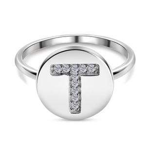 White Diamond Initial-T Ring in Platinum Overlay Sterling Silver