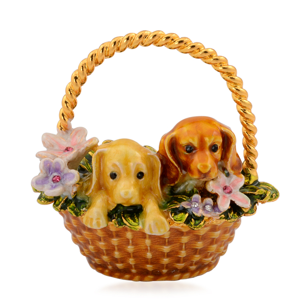 Home Decor - Golden Colour Enameled Purple and Pink Flower, 2 Dogs in the Basket in Gold Tone with M