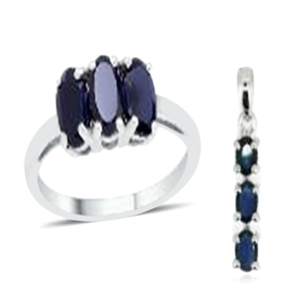 Diffused Blue Sapphire (Ovl) Trilogy Ring and Pendant in Sterling Silver 2.500 Ct.