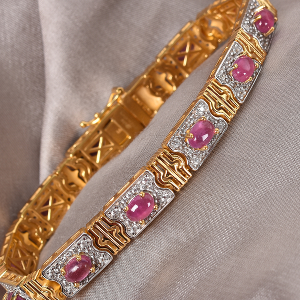 African Ruby (FF) and Natural White Zircon Bracelet (Size 7.5) in 14K Gold and Platinum Overlay Sterling Silver 11.50 Ct, Silver wt 21.00 Gms
