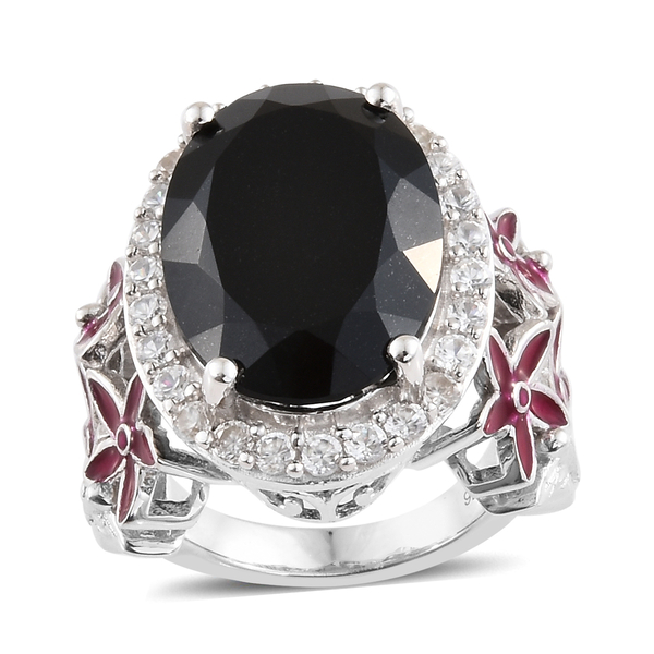 13.50 Ct Black Tourmaline and Zircon Halo Ring in Platinum Plated in Sterling Silver