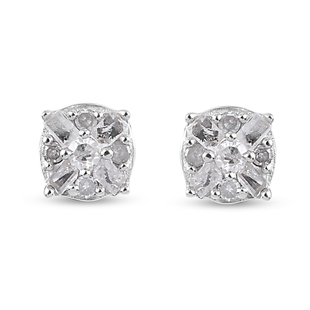 Diamond Stud Earrings (with Push Back) in Platinum Overlay Sterling Silver