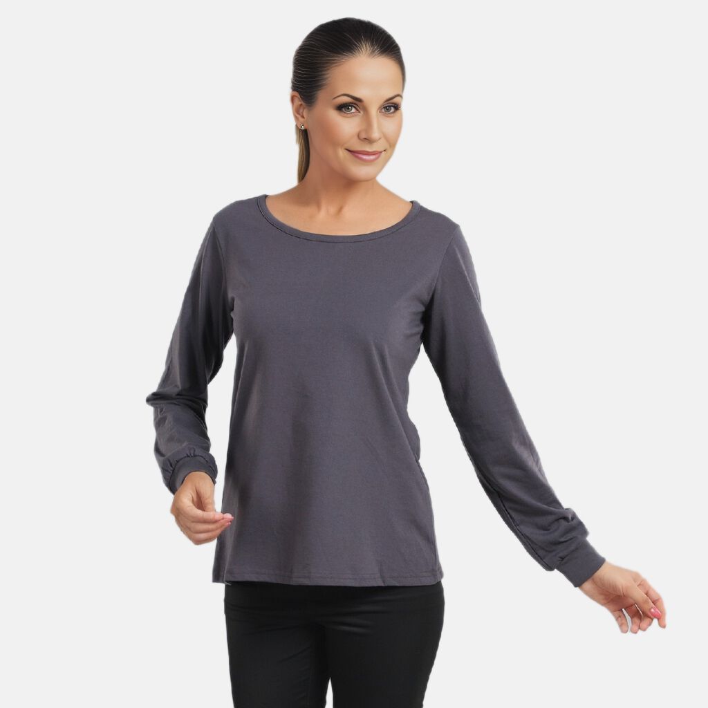 "100% Cotton single jercy loungwear Long Sleeve T- Shirt Color:Gray Size:S 61Lx91W CM"