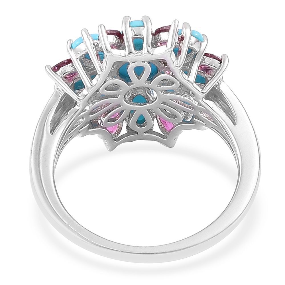Arizona Sleeping Beauty Turquoise (Rnd), Rhodolite Garnet Floral Ring in Rhodium Plated Sterling Silver 2.450 Ct.
