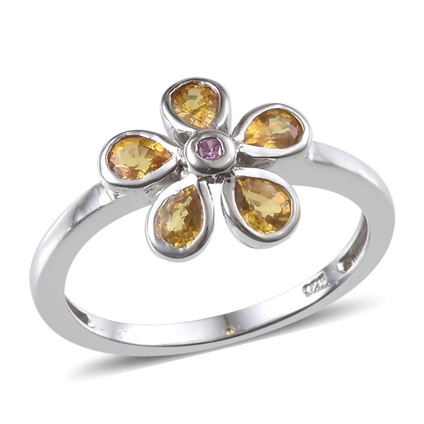 Yellow Sapphire (Pear), Pink Sapphire Floral Ring in Platinum Overlay Sterling Silver 0.900 Ct.