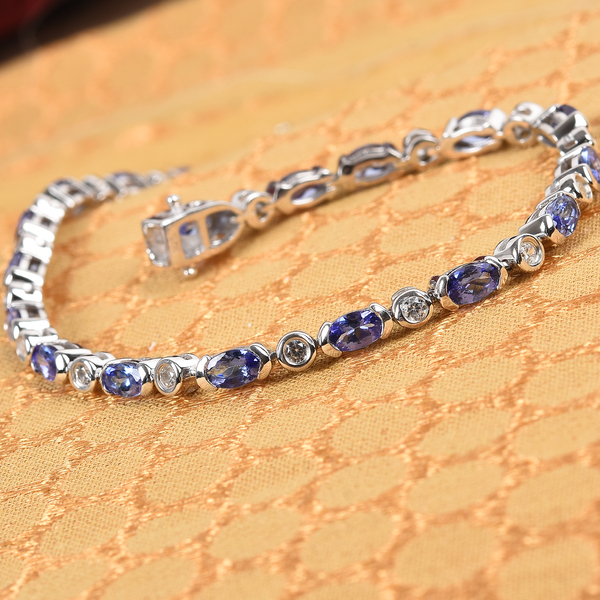 AAA Tanzanite and Natural Cambodian Zircon Bracelet (Size 7) in Platinum Overlay Sterling Silver 5.26 Ct., Platinum wt. 8.94 Gms