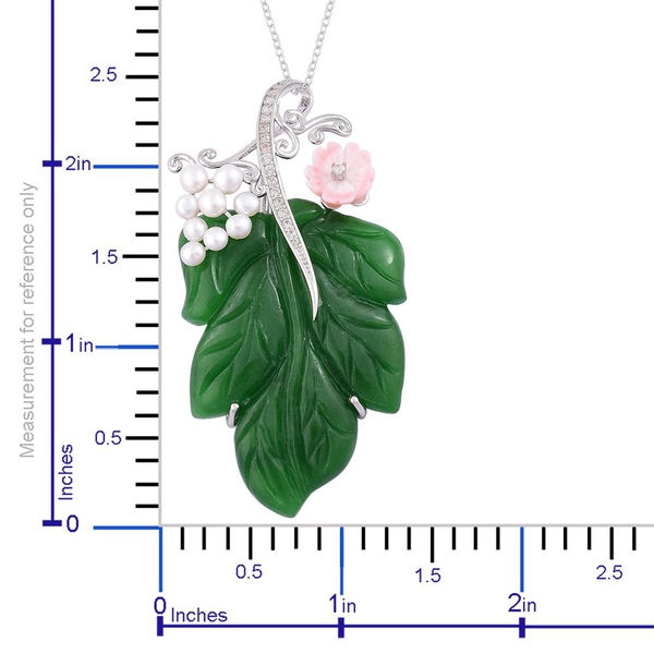 Limited Edition - Rare Hand Carved Green Jade, Pink Mother of Pearl, Fresh Water Pearl and White Zircon Leaf Pendant With Chain in Rhodium Plated Sterling Silver 77.550 Ct.