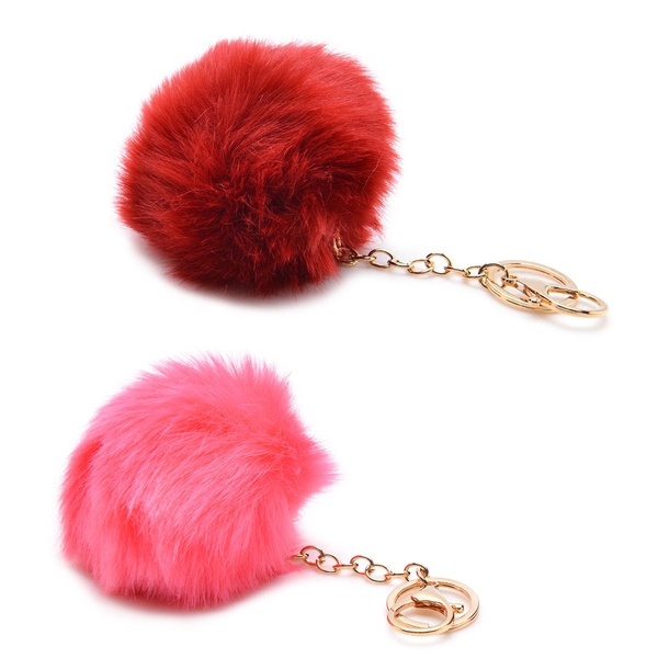 Set of 2 -  Faux Fur Pink and Burgundy Colour Fluffy Pom Pom Key Chain in Gold Tone (Size 10 Cm)