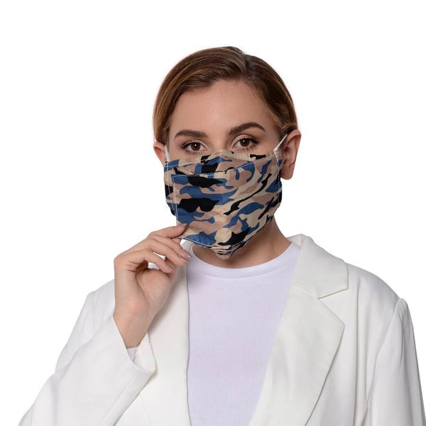 Camouflage Pattern Double Layer Open Mouth Reusable Face Covering with Adjustable Ear Loop (Size 22x18 Cm) - Beige and Blue