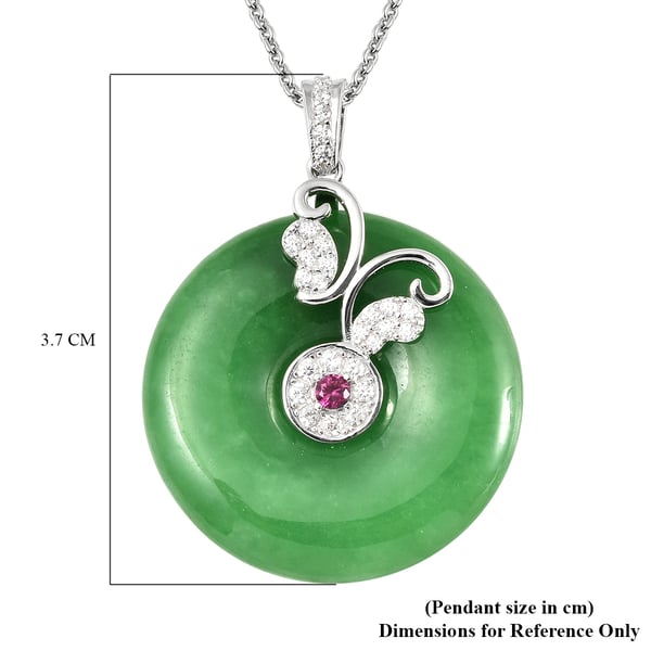 Green Jade, Simulated Garnet and Simulated Diamond Pendant with Chain (Size 18) in Rhodium Overlay Sterling Silver 37.10 Ct.