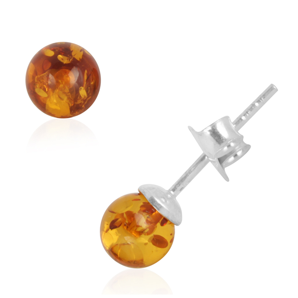 Baltic Amber (Rnd) Stud Earrings (with Push Back) in Sterling Silver