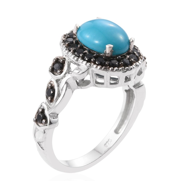 Arizona Sleeping Beauty Turquoise (Ovl 2.25 Ct), Boi Ploi Black Spinel Ring in Platinum Overlay Sterling Silver 3.350 Ct.