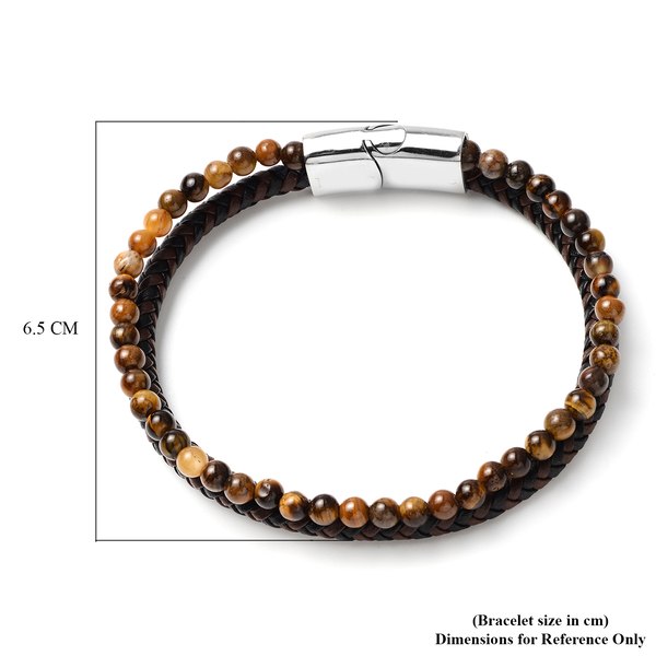 Tigers Eye Beads and Braided Microfibre Leather Bracelet (Size 7.75) with Magnetic Lock in Stainless Steel