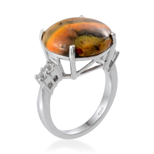 Bumble Bee Jasper (Rnd 12.50 Ct), White Topaz Ring in Platinum Overlay Sterling Silver 12.900 Ct.