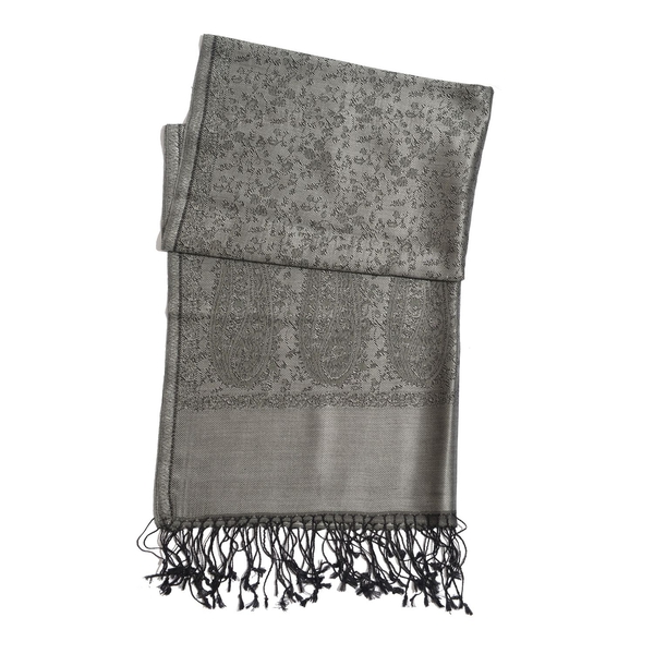 100% Superfine Silk Grey and Black Colour Paisley and Floral Pattern Jacquard Jamawar Scarf with Fringes (Size 180x70 Cm) (Weight 125-140 Grams)