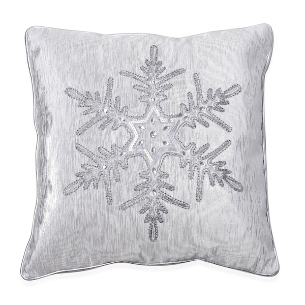 Beaded and Embroidered Snowflake Pattern Grey Colour Cushion Made with Cotton, Rayon, Linen and Othe