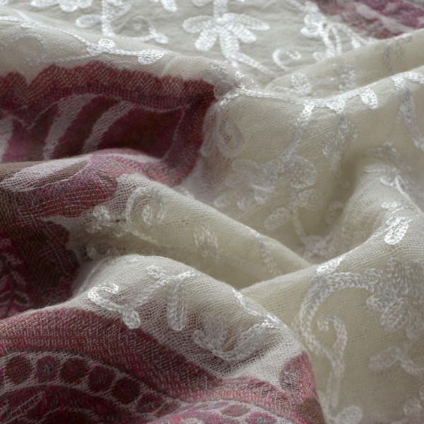 100% Merino Wool Paisley Pattern Cream and Pink Colour Shawl (Size 180x65 Cm)