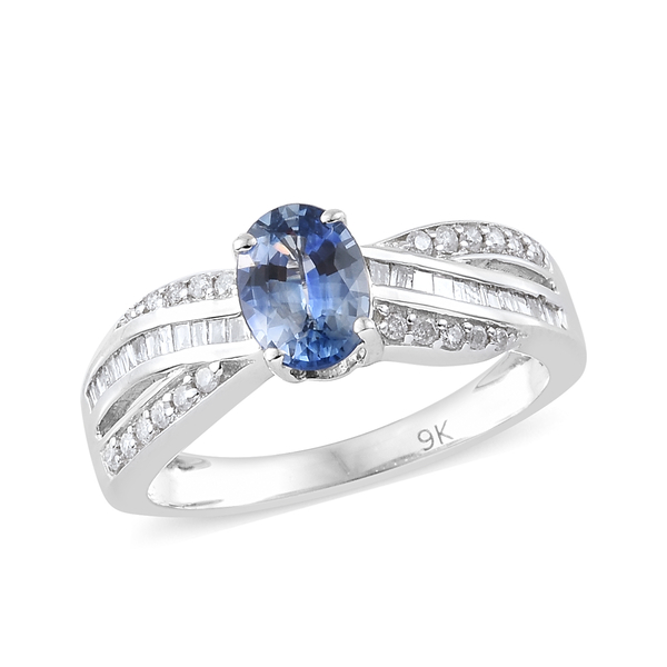 1.15 Ct AA Blue Sapphire and Diamond Ring in 9K White Gold 2.56 Grams