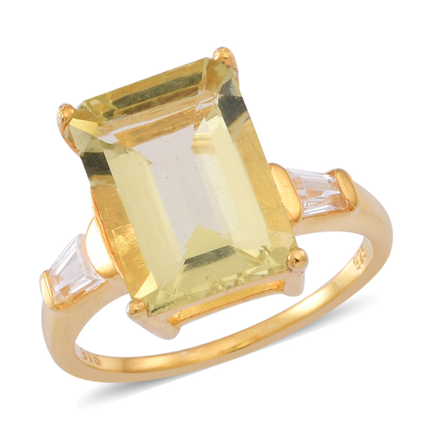 Natural Ouro Verde Quartz (Oct 6.75 Ct), White Topaz Ring in 14K Gold Overlay Sterling Silver 7.000 