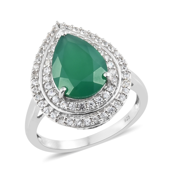 Verde Onyx (Pear 14x10 MM 4.40 Ct), Natural Cambodian Zircon Ring in Platinum Overlay Sterling Silve