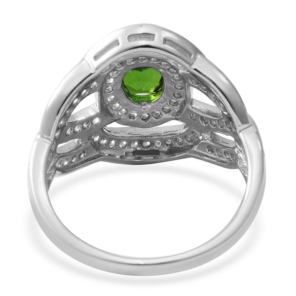 Designer Inspired- Chrome Diopside (Ovl 1.240 Ct), White Topaz Ring in Rhodium Overlay Sterling Silver 3.080 Ct, Silver wt 5.10 Gms.